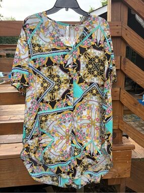 Boho Collection Large Baroque Floral Scarf Print Button Front Blouse tunic Top L